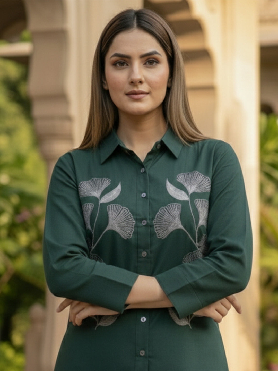 VORA LABEL Women Viscose Rayon Floral Printed Embroidered Shirt - Green
