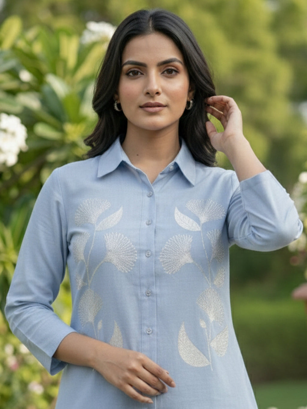 VORA LABEL Women Viscose Rayon Floral Printed Embroidered Shirt - Sky Blue