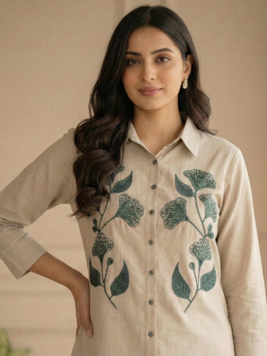 VORA LABEL Women Rayon Floral Printed Embroidered Shirt - Beige