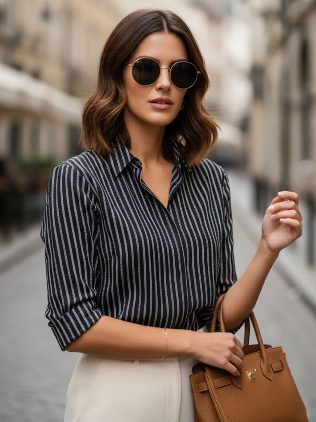 VORA LABEL Women Viscose Rayon Striped Regular Fit Shirt - Black