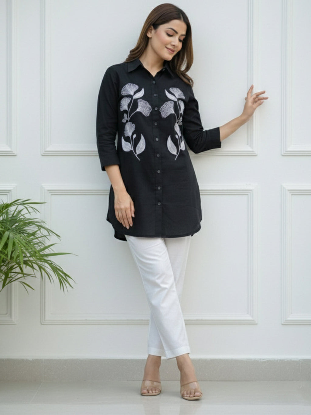 VORA LABEL Women Viscose Rayon Floral Printed Embroidered Shirt - Black
