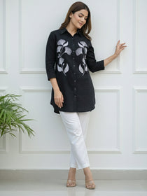 VORA LABEL Women Viscose Rayon Floral Printed Embroidered Shirt - Black