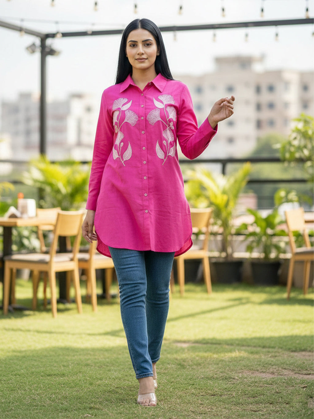 VORA LABEL Women Viscose Rayon Floral Printed Embroidered Shirt - Pink