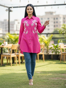 VORA LABEL Women Viscose Rayon Floral Printed Embroidered Shirt - Pink