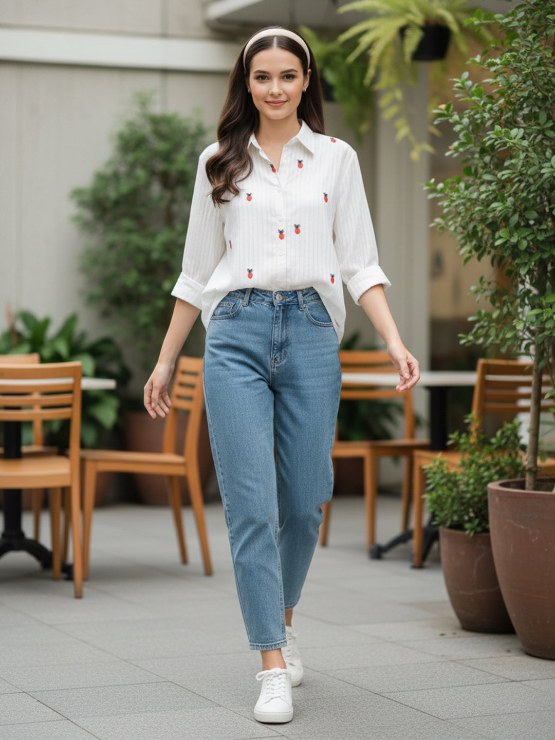 VORA LABEL Women Cotton Floral Printed Embroidered Regular Fit Shirt - White