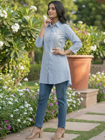 VORA LABEL Women Viscose Rayon Floral Printed Embroidered Shirt - Sky Blue