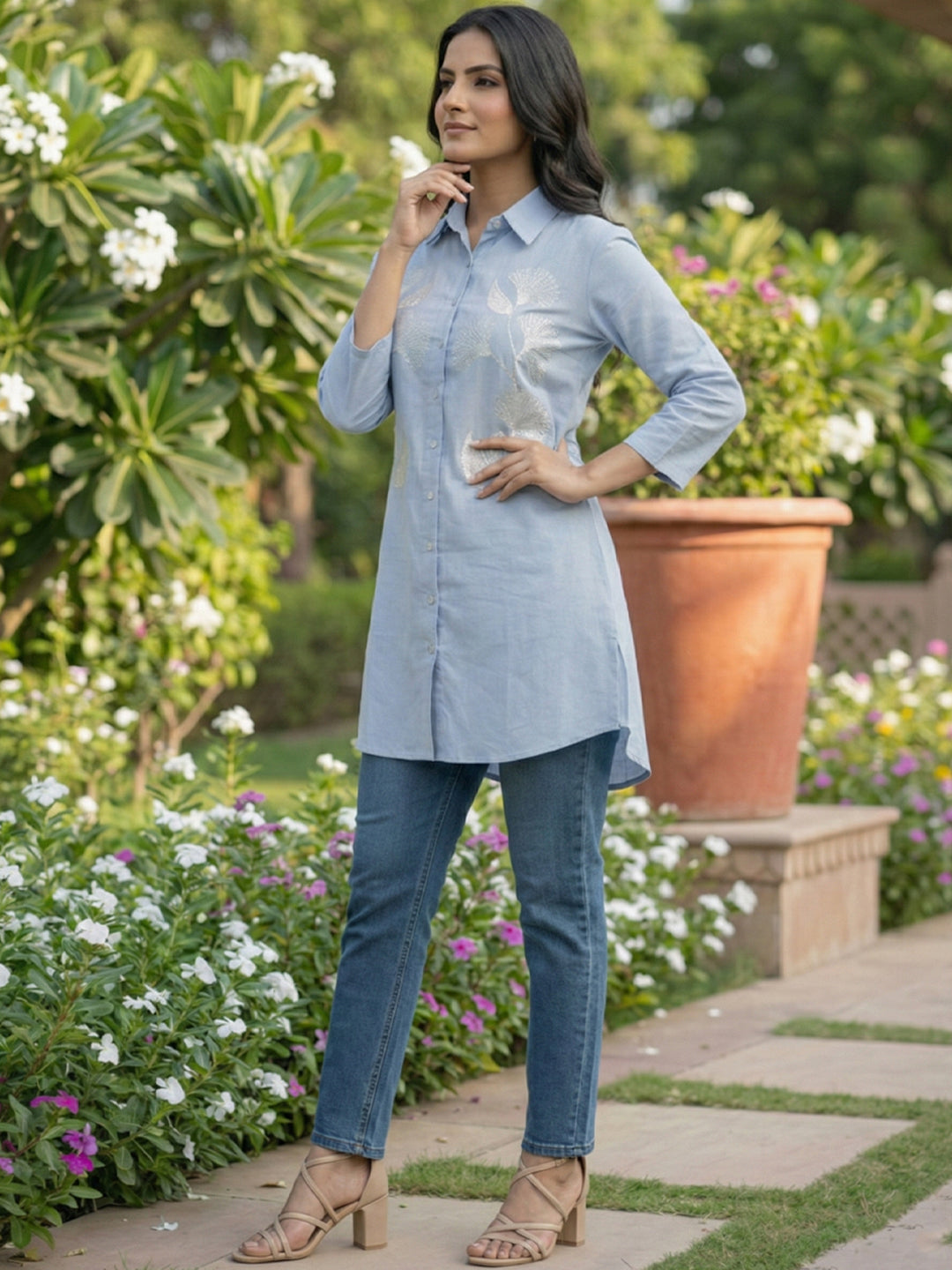 VORA LABEL Women Viscose Rayon Floral Printed Embroidered Shirt - Sky Blue