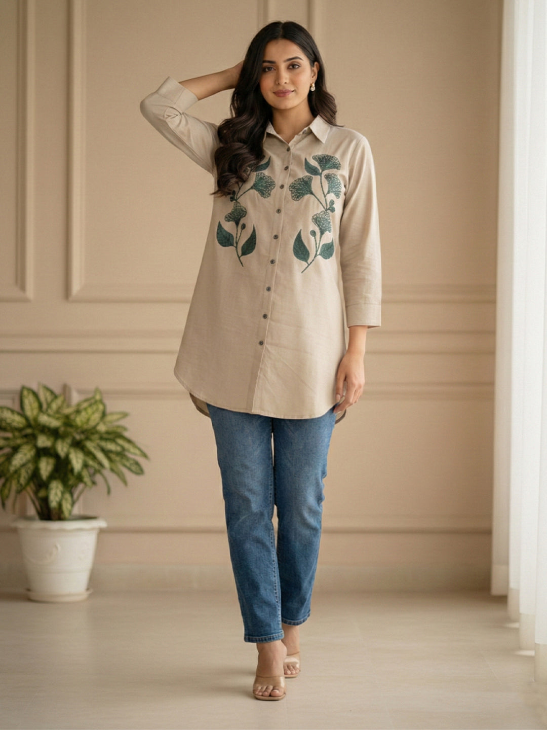 VORA LABEL Women Rayon Floral Printed Embroidered Shirt - Beige