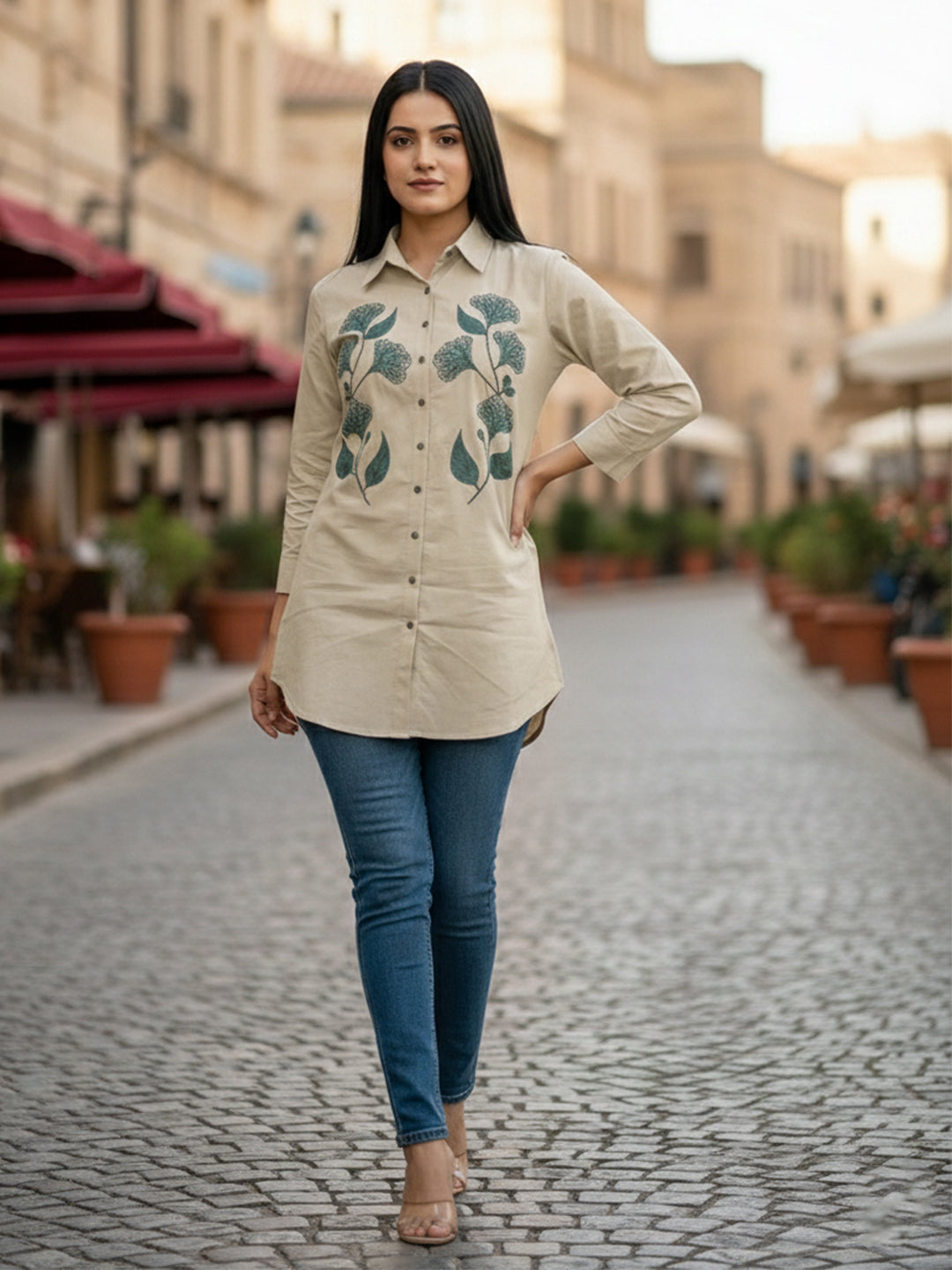 VORA LABEL Women Viscose Rayon Floral Printed Embroidered Shirt - Beige