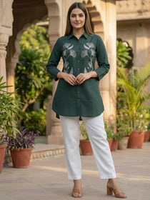 VORA LABEL Women Viscose Rayon Floral Printed Embroidered Shirt - Green