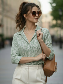 VORA LABEL Women Cotton Floral Printed Regular Fit Shirt - Green