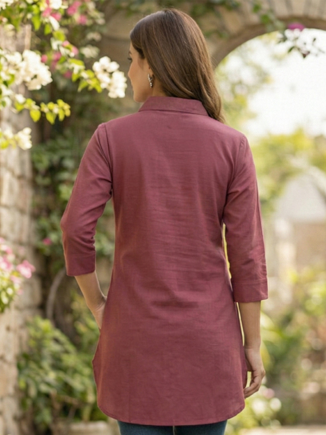 VORA LABEL Women Viscose Rayon Floral Printed Embroidered Shirt - Maroon