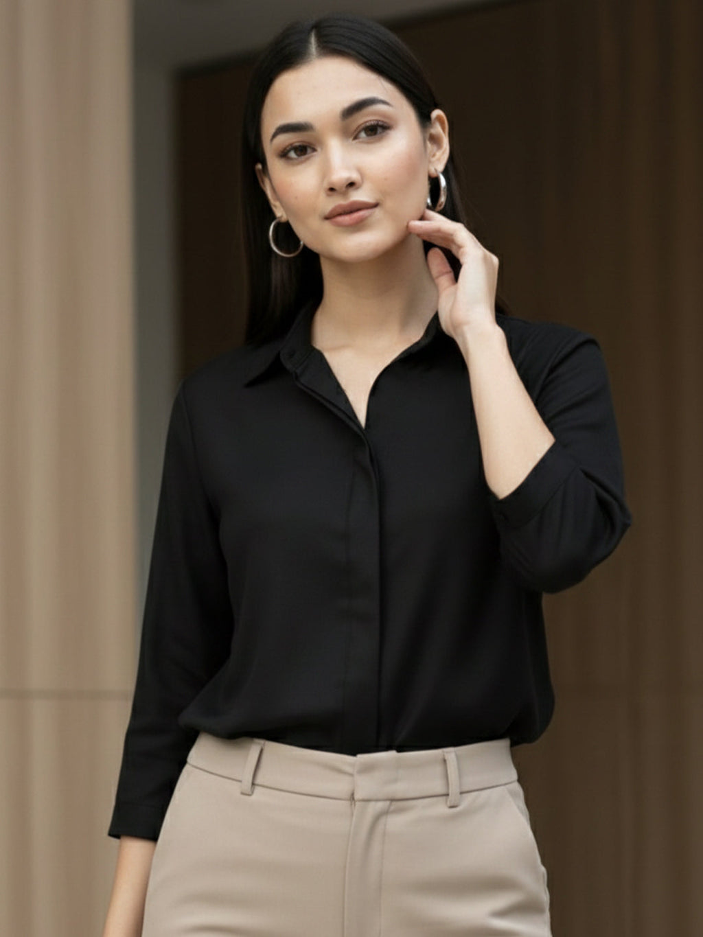 VORA LABEL Women Viscose Rayon Solid Regular Fit Shirt - Black