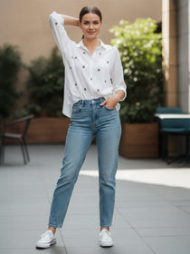 VORA LABEL Women Cotton Floral Embroidered Regular Fit Shirt - White