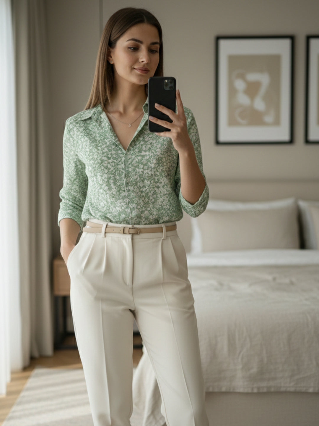 VORA LABEL Women Cotton Floral Printed Regular Fit Shirt - Green