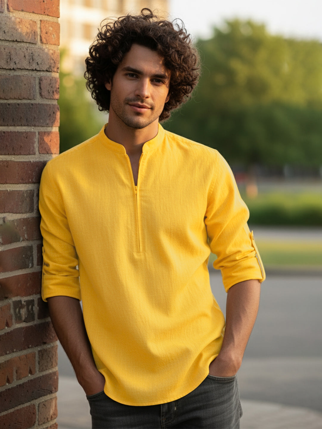 VORA LABEL Men Cotton Blend Striped Solid Short Kurta - Beige