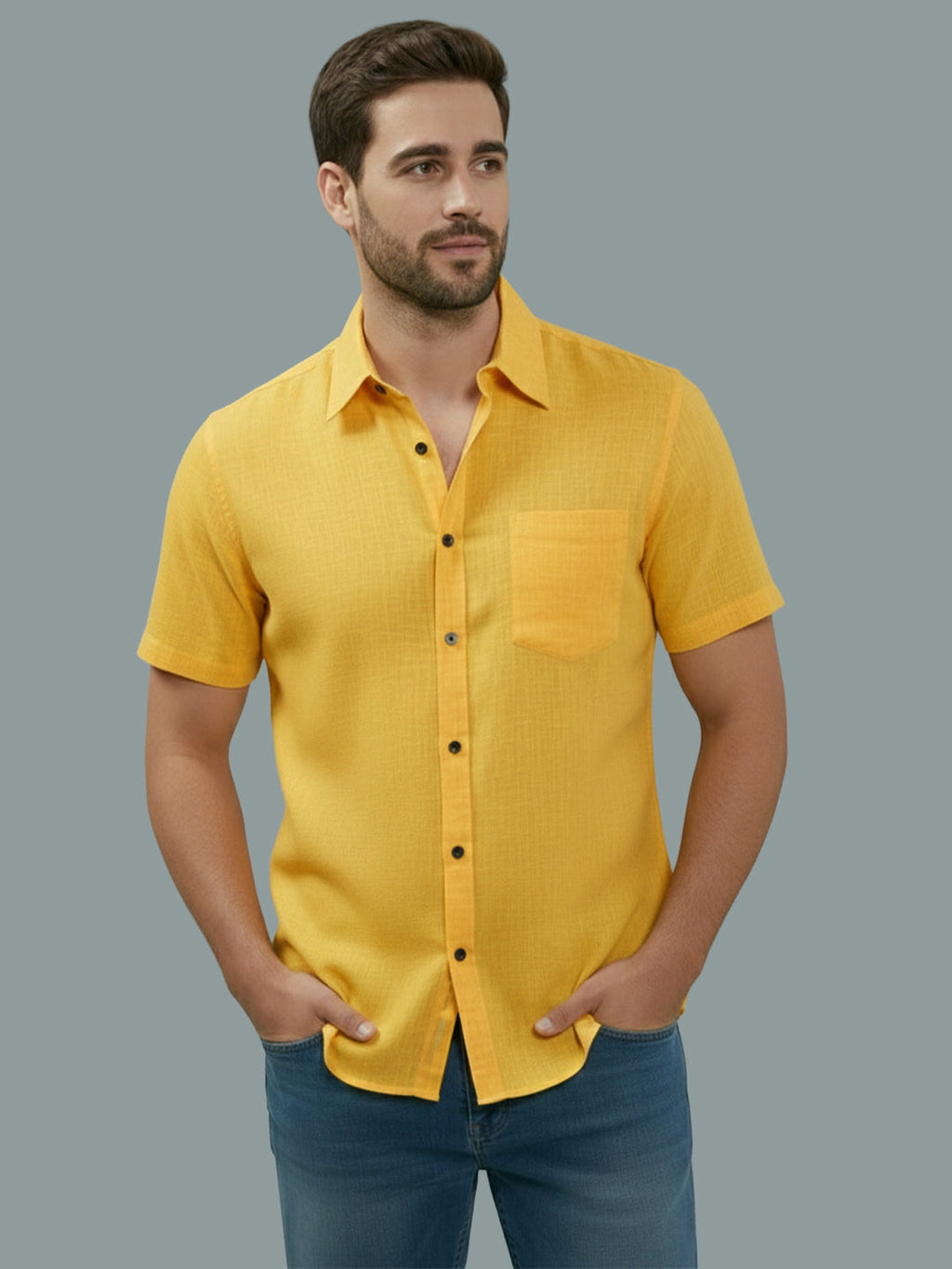 VORA LABEL Men Cotton Regular Fit Spread Collar Casual Shirt - Yellow