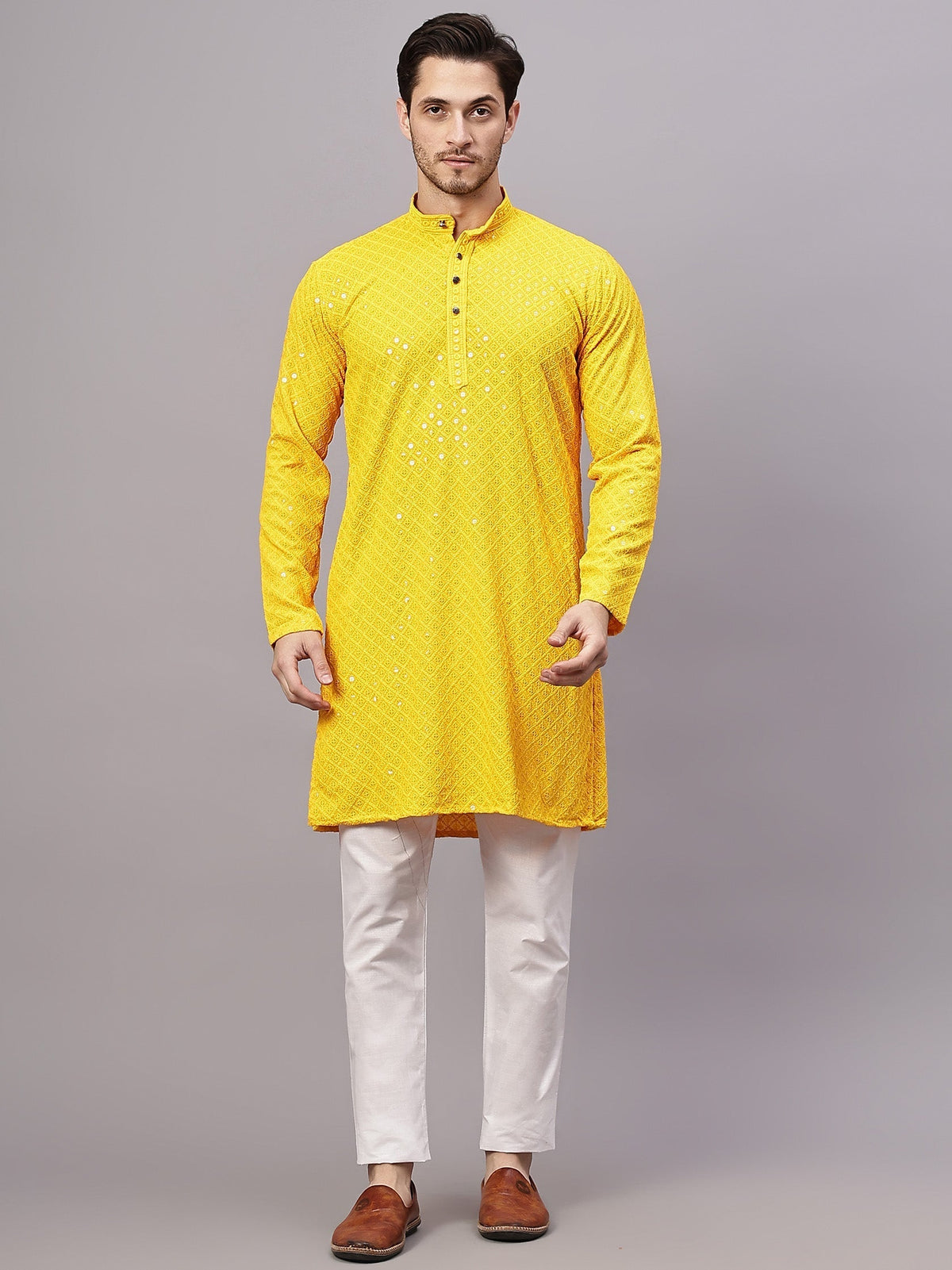 VORA LABEL Men Rayon Schiffli Chikankari Embroidered Long Kurta Set - Yellow Main image