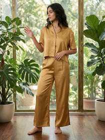 VORA LABEL Women Linen Solid Relaxed Fit Night Suit Set - Yellow
