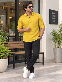VORA LABEL Men’s Cotton Blend Solid Kurta | Mandarin Collar Full Sleeve Kurta with Pocket | Casual & Festive Wear