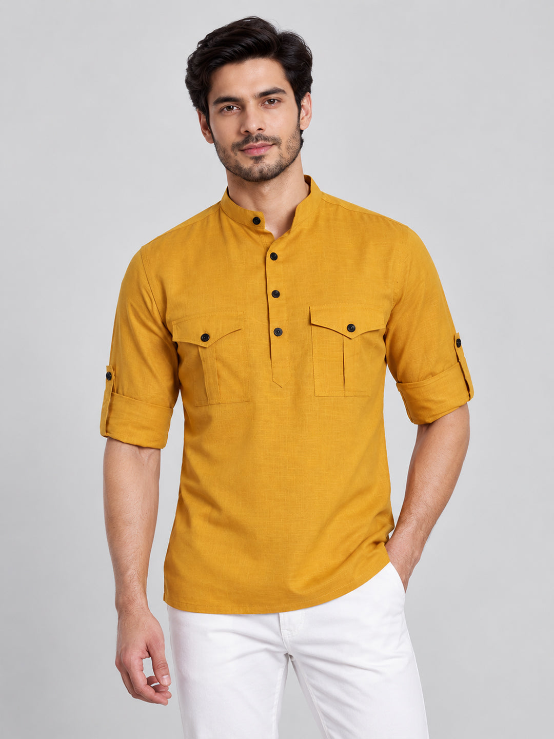 VORA LABEL Men’s Pure Cotton Solid Mandarin Collar Kurta | Full Sleeves with Roll-Up Tab | Casual & Smart Casual Wear