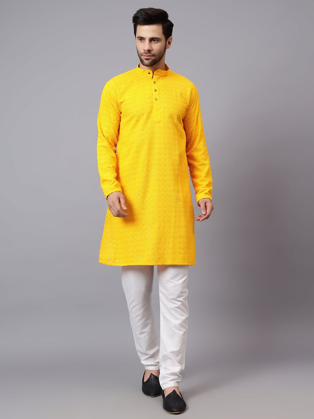 VORA LABEL Men Rayon Schiffli Chikankari Embroidered Long Kurta Set - Red