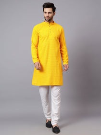 VORA LABEL Men Rayon Schiffli Chikankari Embroidered Long Kurta Set - Red