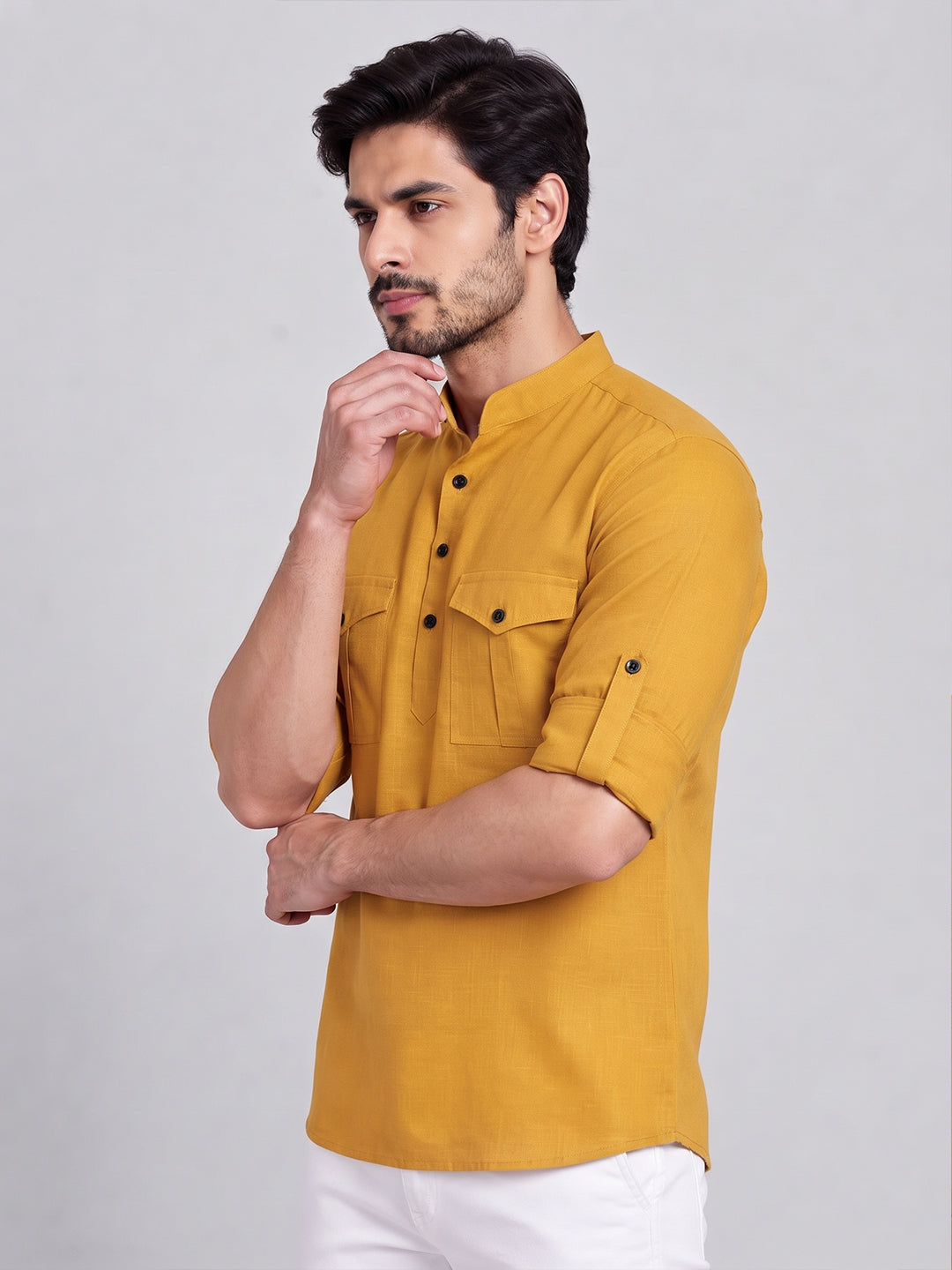 VORA LABEL Men’s Pure Cotton Solid Mandarin Collar Kurta | Full Sleeves with Roll-Up Tab | Casual & Smart Casual Wear