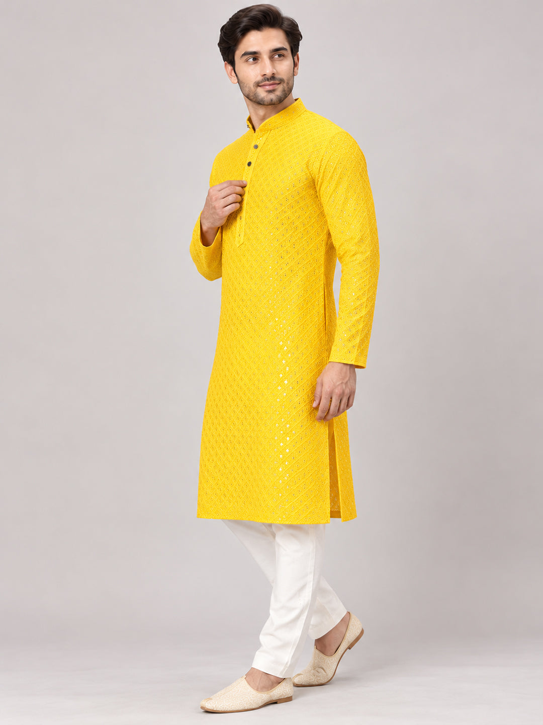 VORA LABEL Men's Premium Yellow Pure Cotton Printed Kurta | Traditional Ethnic Wear for Men Secondary image