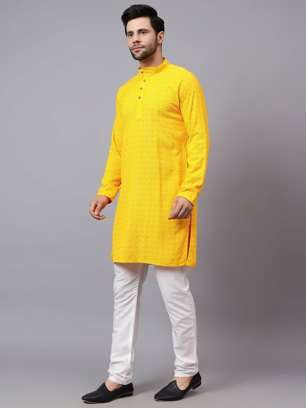 VORA LABEL Men Rayon Schiffli Chikankari Embroidered Long Kurta Set - Red