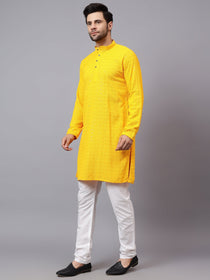 VORA LABEL Men Rayon Schiffli Chikankari Embroidered Long Kurta Set - Red