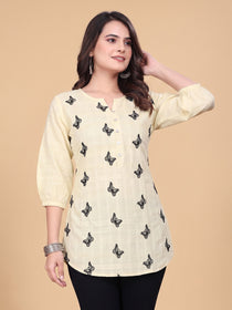VORA LABEL Women Cotton Printed Regular Fit Top - Lemon