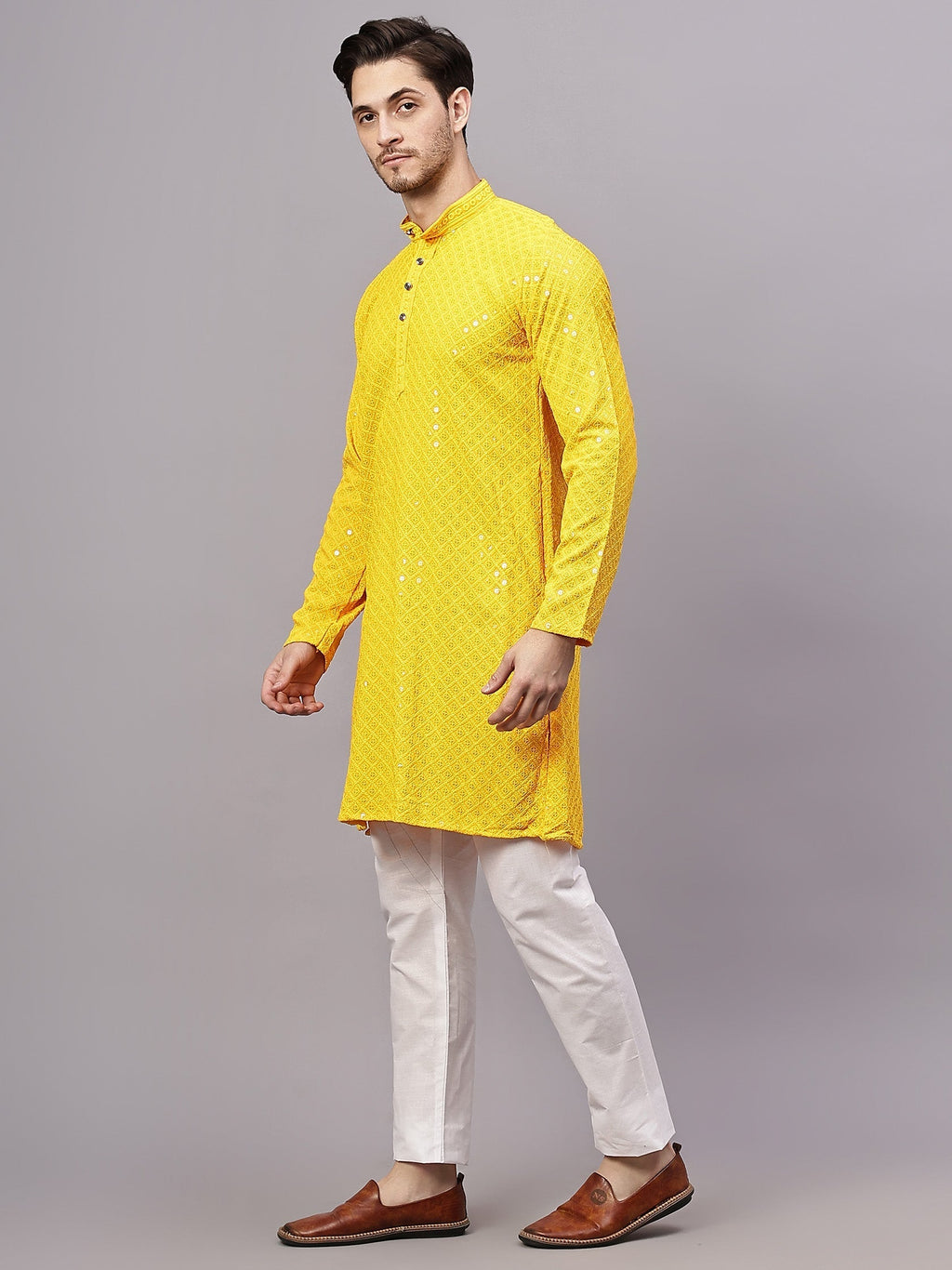 VORA LABEL Men Rayon Schiffli Chikankari Embroidered Long Kurta Set - Yellow