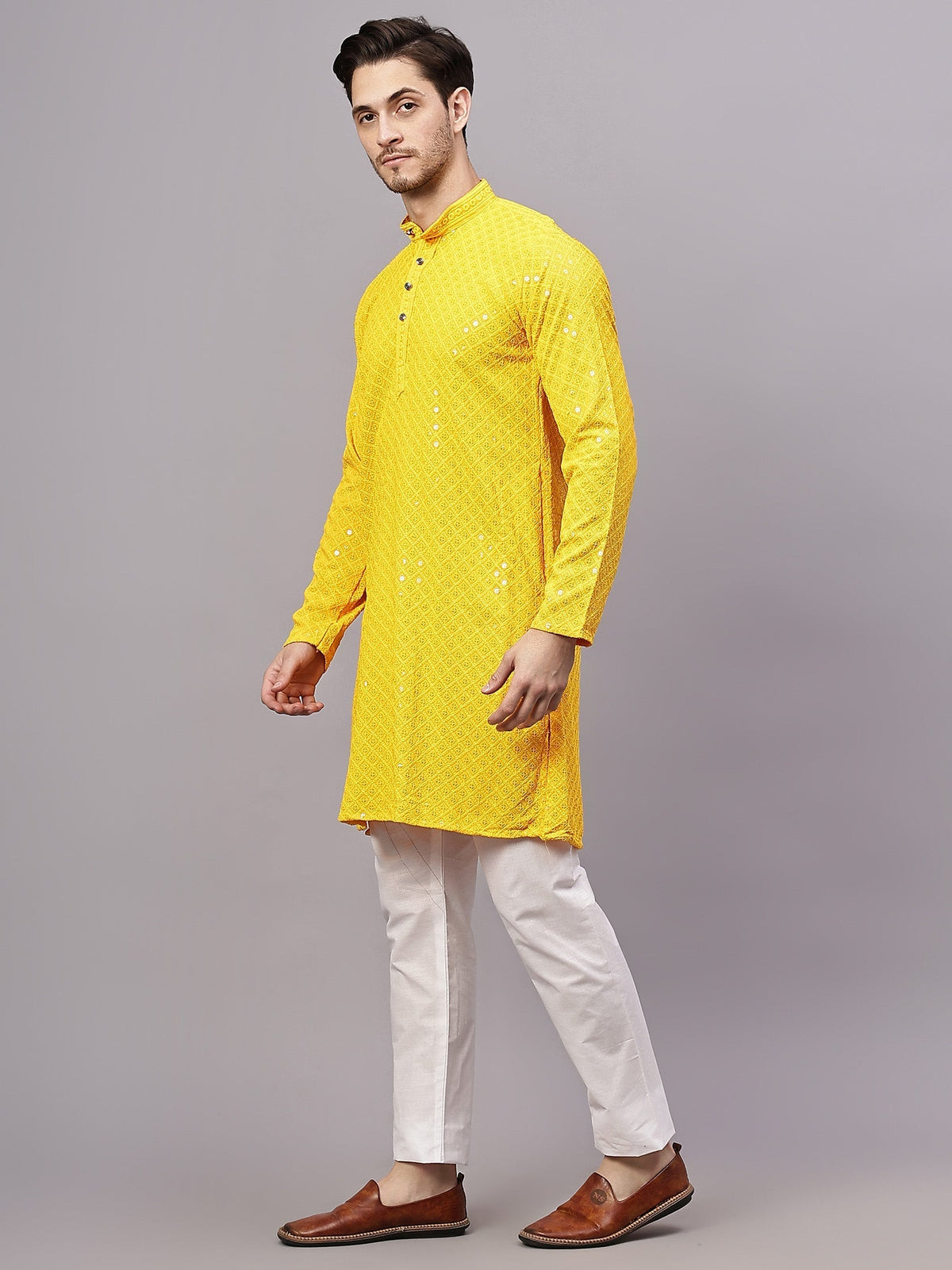 VORA LABEL Men Rayon Schiffli Chikankari Embroidered Long Kurta Set - Yellow