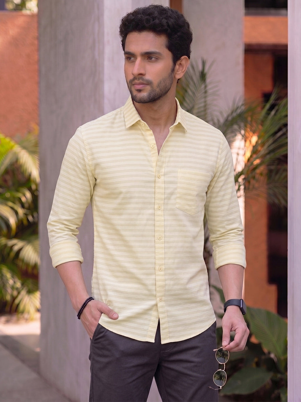 VORA LABEL Men Denim Striped Slim Fit Casual Shirt - Black