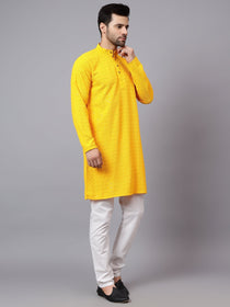 VORA LABEL Men Rayon Schiffli Chikankari Embroidered Long Kurta Set - Red
