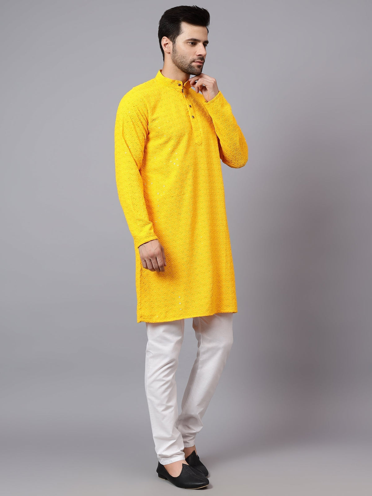 VORA LABEL Men Rayon Schiffli Chikankari Embroidered Long Kurta Set - Red
