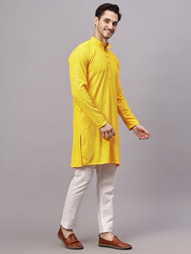 VORA LABEL Men Rayon Schiffli Chikankari Embroidered Long Kurta Set - Yellow
