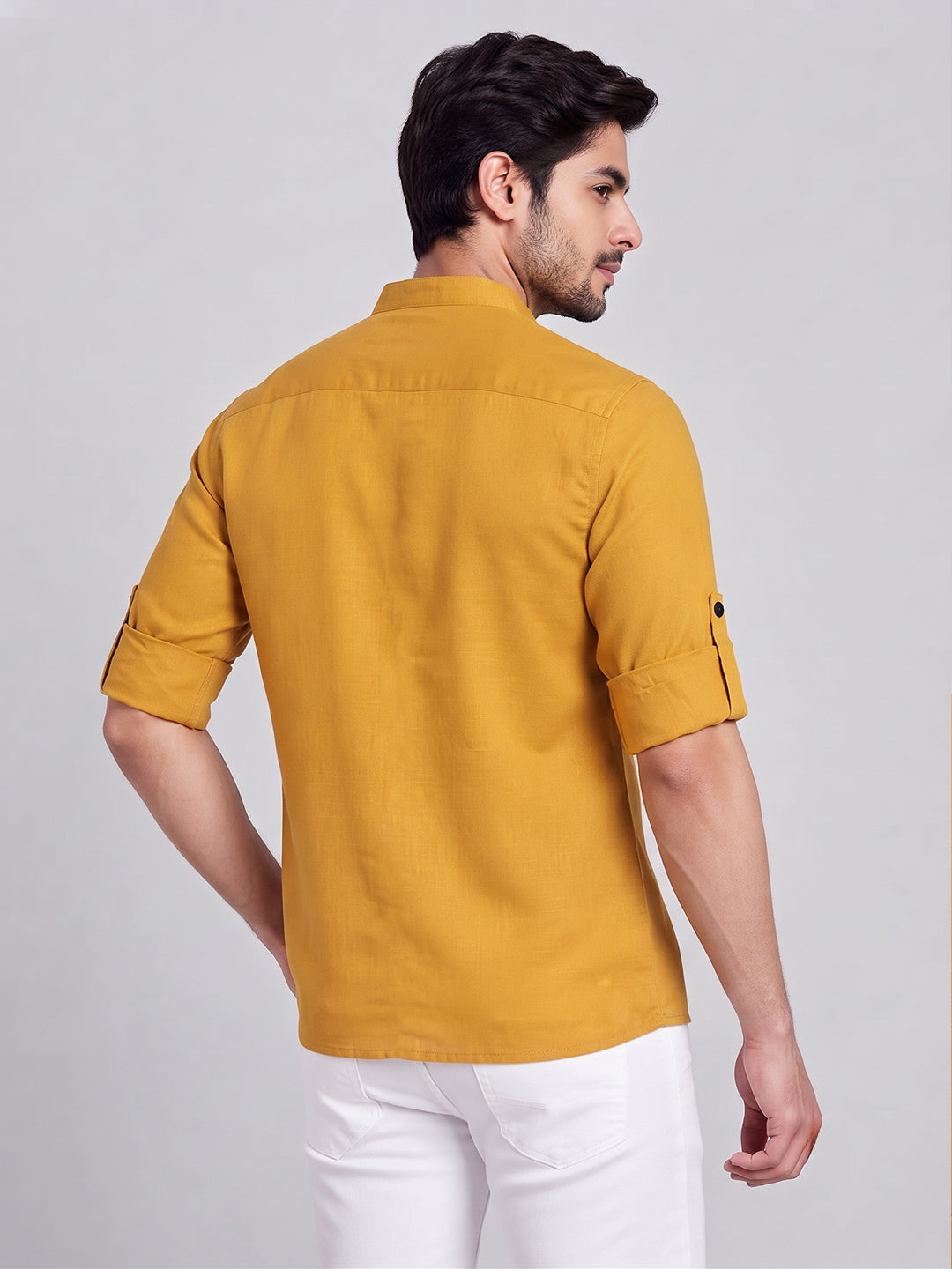 VORA LABEL Men’s Pure Cotton Solid Mandarin Collar Kurta | Full Sleeves with Roll-Up Tab | Casual & Smart Casual Wear