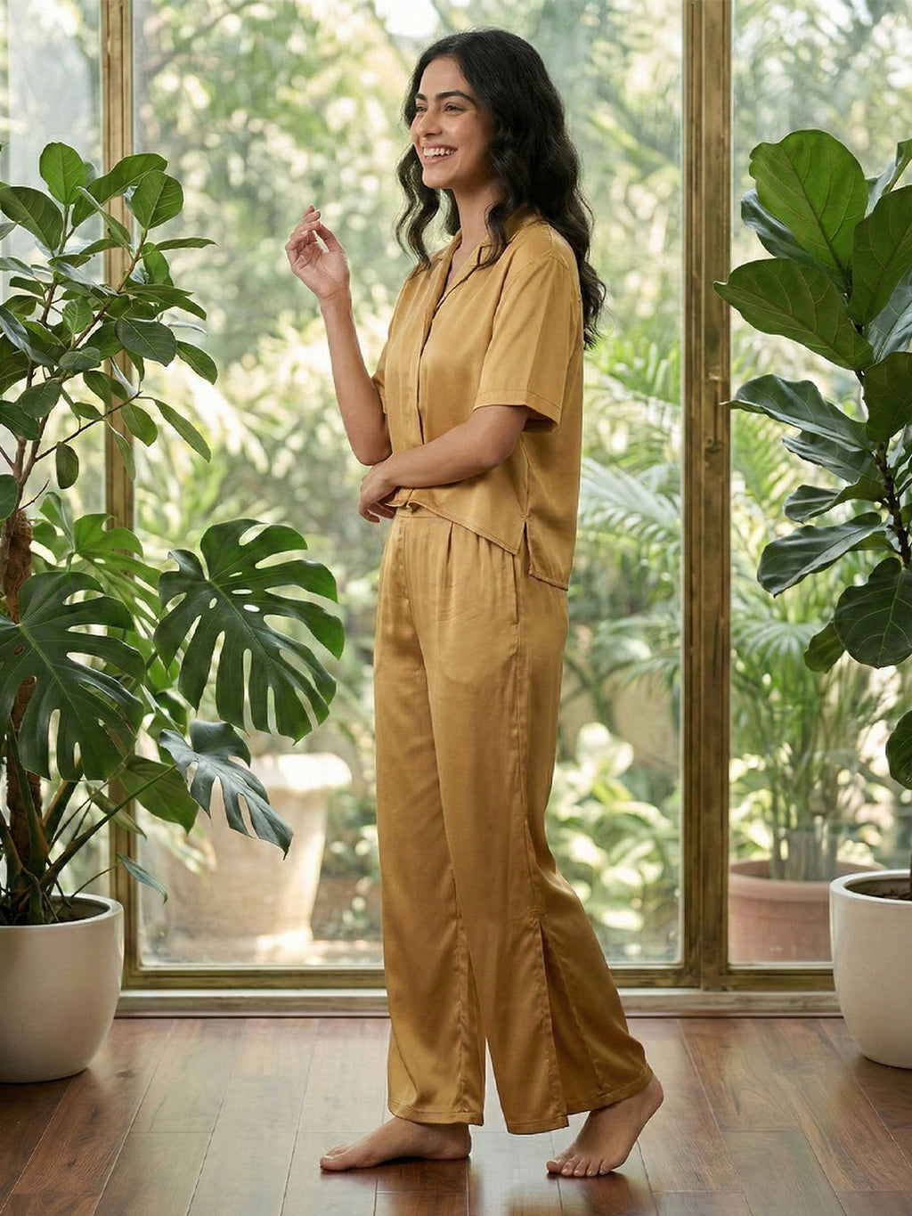 VORA LABEL Women Linen Solid Relaxed Fit Night Suit Set - Yellow