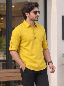 VORA LABEL Men’s Cotton Blend Solid Kurta | Mandarin Collar Full Sleeve Kurta with Pocket | Casual & Festive Wear