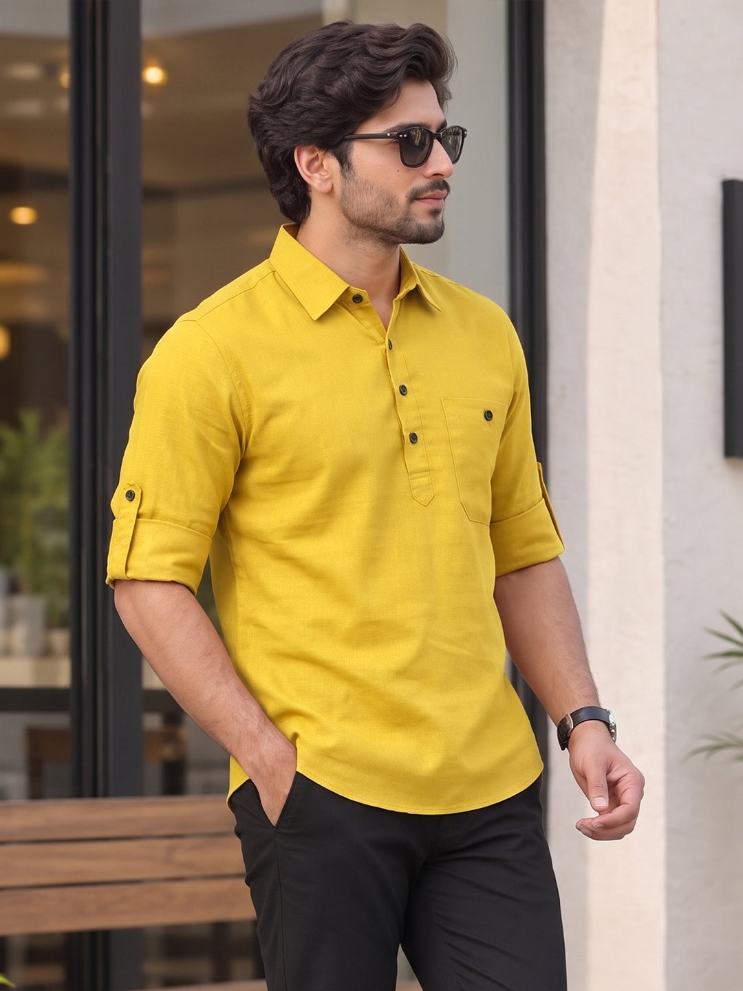 VORA LABEL Men’s Cotton Blend Solid Kurta | Mandarin Collar Full Sleeve Kurta with Pocket | Casual & Festive Wear