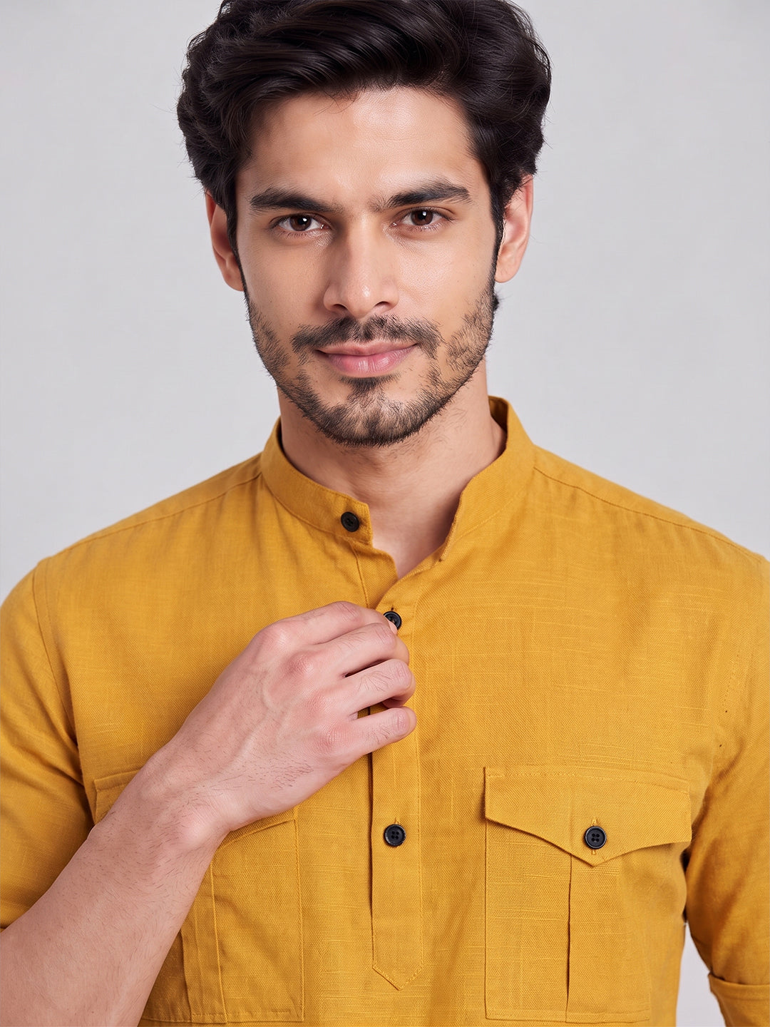 VORA LABEL Men’s Pure Cotton Solid Mandarin Collar Kurta | Full Sleeves with Roll-Up Tab | Casual & Smart Casual Wear