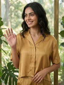 VORA LABEL Women Linen Solid Relaxed Fit Night Suit Set - Yellow