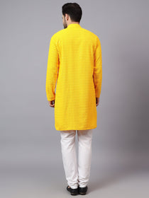 VORA LABEL Men Rayon Schiffli Chikankari Embroidered Long Kurta Set - Red