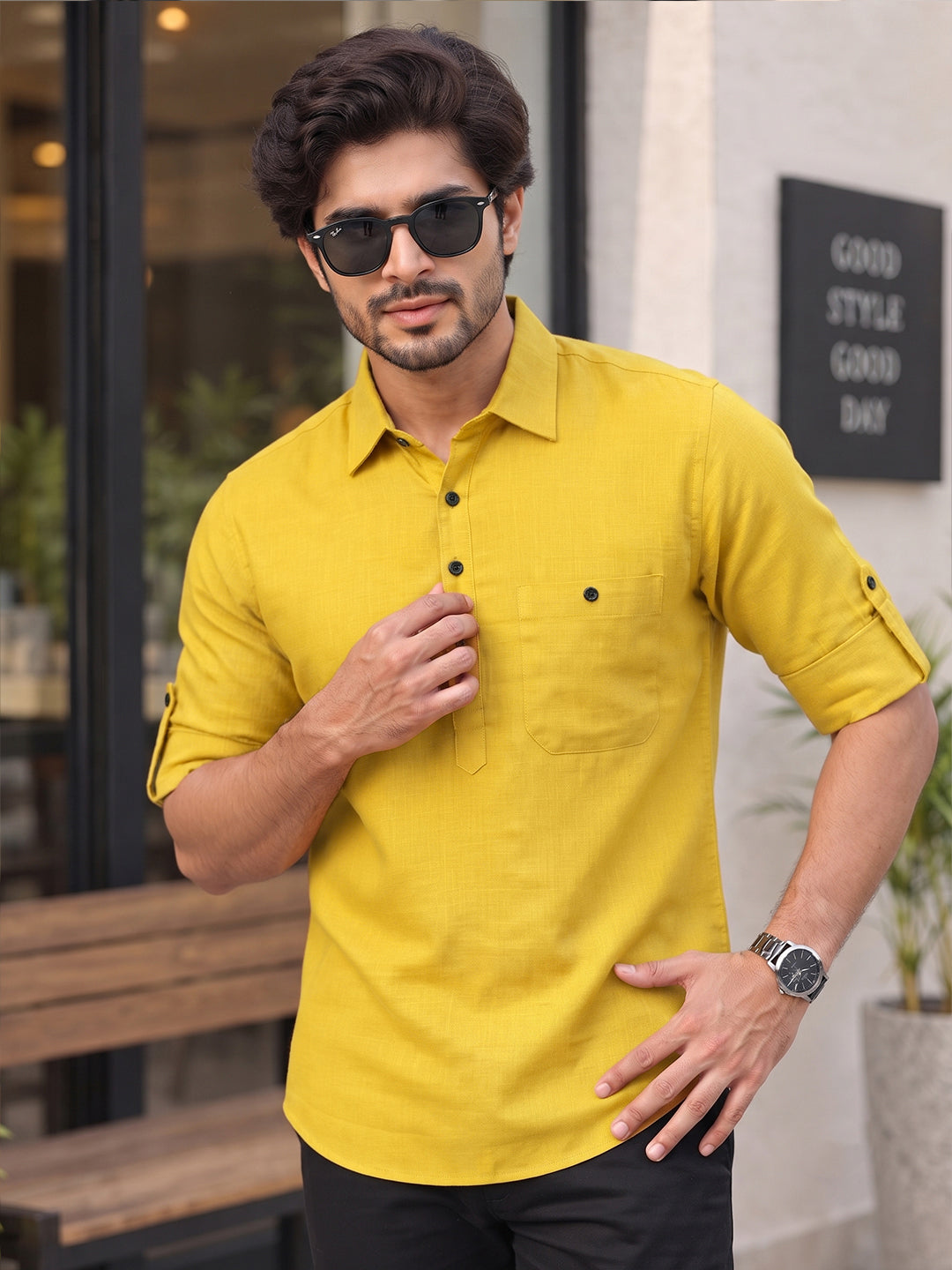 VORA LABEL Men’s Cotton Blend Solid Kurta | Mandarin Collar Full Sleeve Kurta with Pocket | Casual & Festive Wear