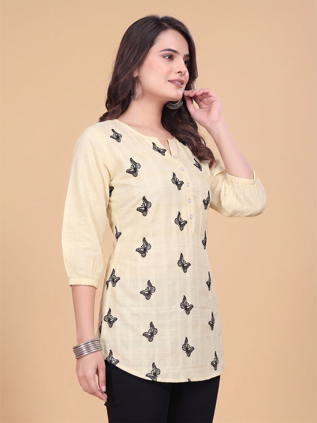 VORA LABEL Women Cotton Printed Regular Fit Top - Lemon