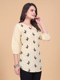 VORA LABEL Women Cotton Printed Regular Fit Top - Lemon