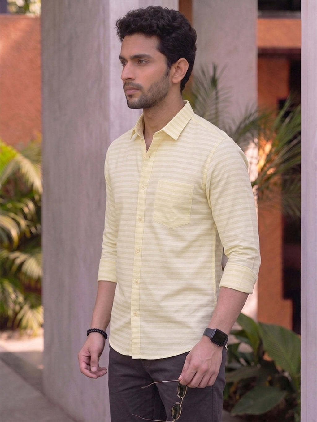 VORA LABEL Men Denim Striped Slim Fit Casual Shirt - Black