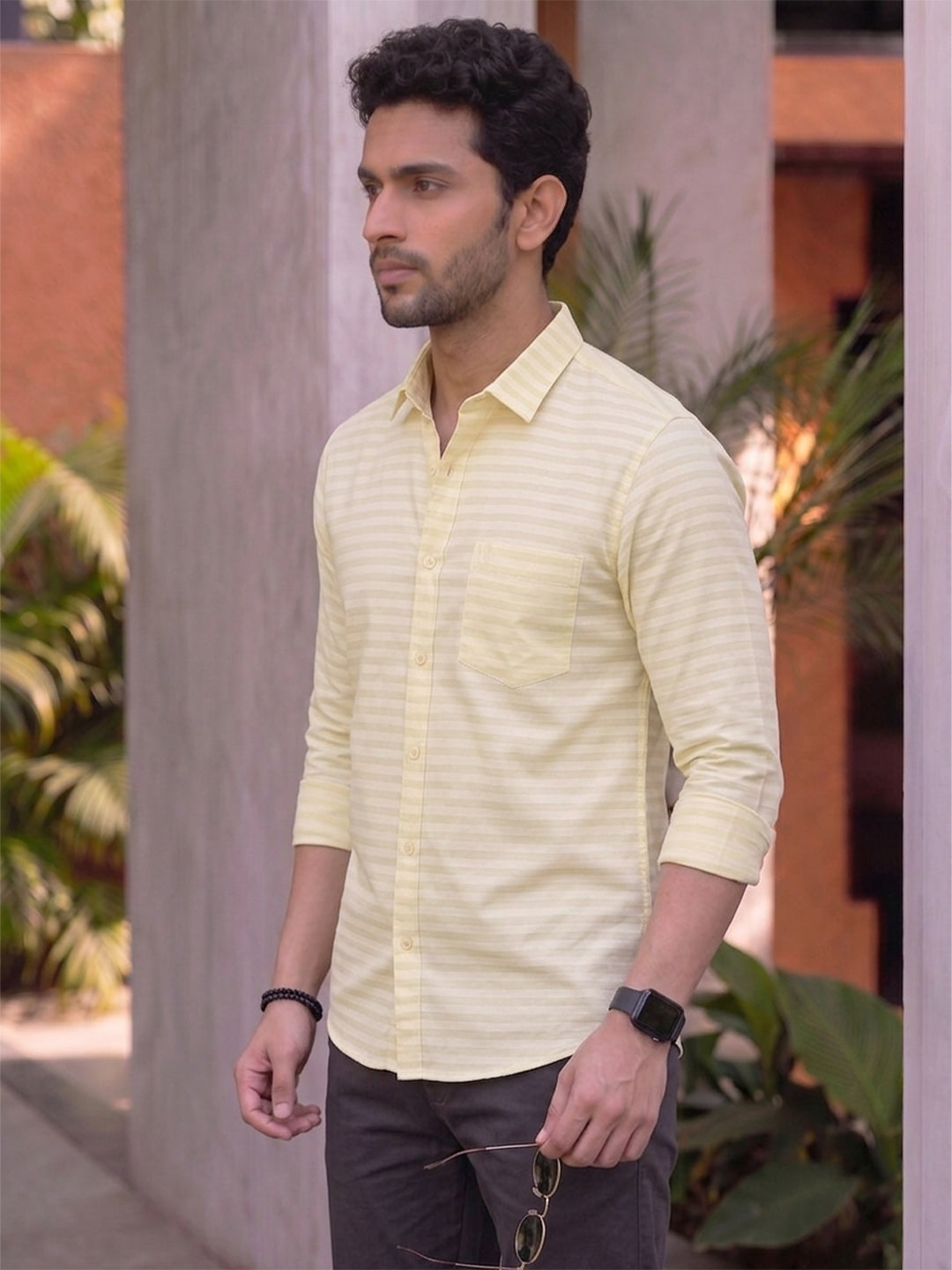 VORA LABEL Men Denim Striped Slim Fit Casual Shirt - Black